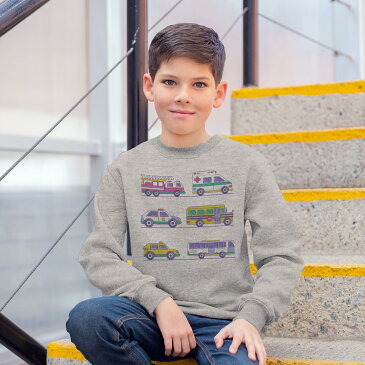 トレーナー キッズ 子供 長袖 ホワイト グレー ブラック デザイン 110 130 150 sweatshirt trainer 白 黒 灰色 裏パイル スウェット スエット 013206 乗り物 救急車 パトカー