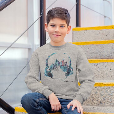 トレーナー キッズ 子供 長袖 ホワイト グレー ブラック デザイン 110 130 150 sweatshirt trainer 白 黒 灰色 裏パイル スウェット スエット 014180 ヘッドホン 音楽 風景
