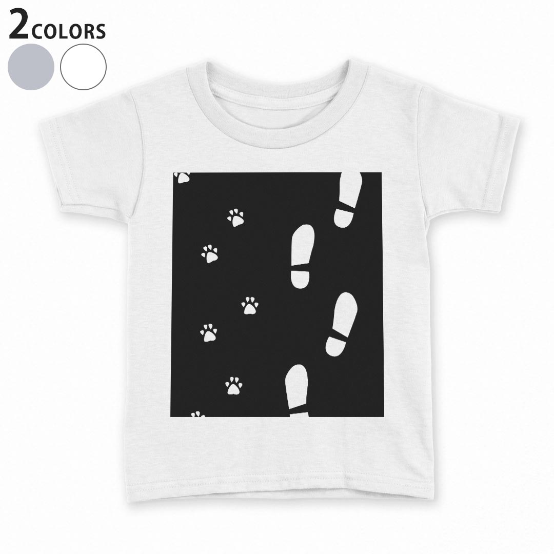 乐天商城 - tシャツ キッズ 半袖 白地 デザイン 90 100 110 120 130 140 150 Tシャツ ティーシャツ T shirt 000021 足跡　動物　黒