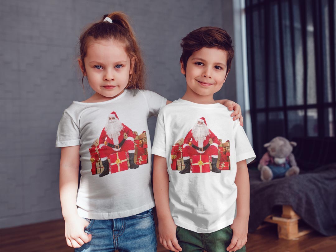 tシャツ キッズ 半袖 白地 デザイン 120 サイズ Tシャツ ティーシャツ T shirt 009980 クリスマス　サンタ　写真