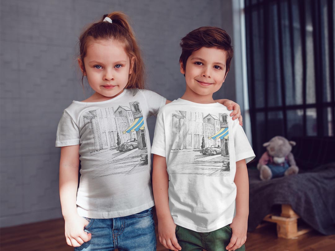 tシャツ キッズ 半袖 白地 デザイン 90 Tシャツ ティーシャツ T shirt 010819 イラスト　車　風景