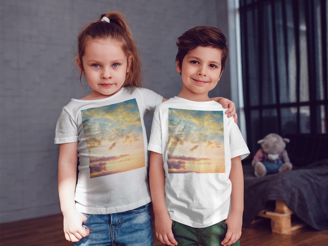 tシャツ キッズ 半袖 白地 デザイン 160 サイズ Tシャツ ティーシャツ T shirt 011092 空　写真　夕焼け