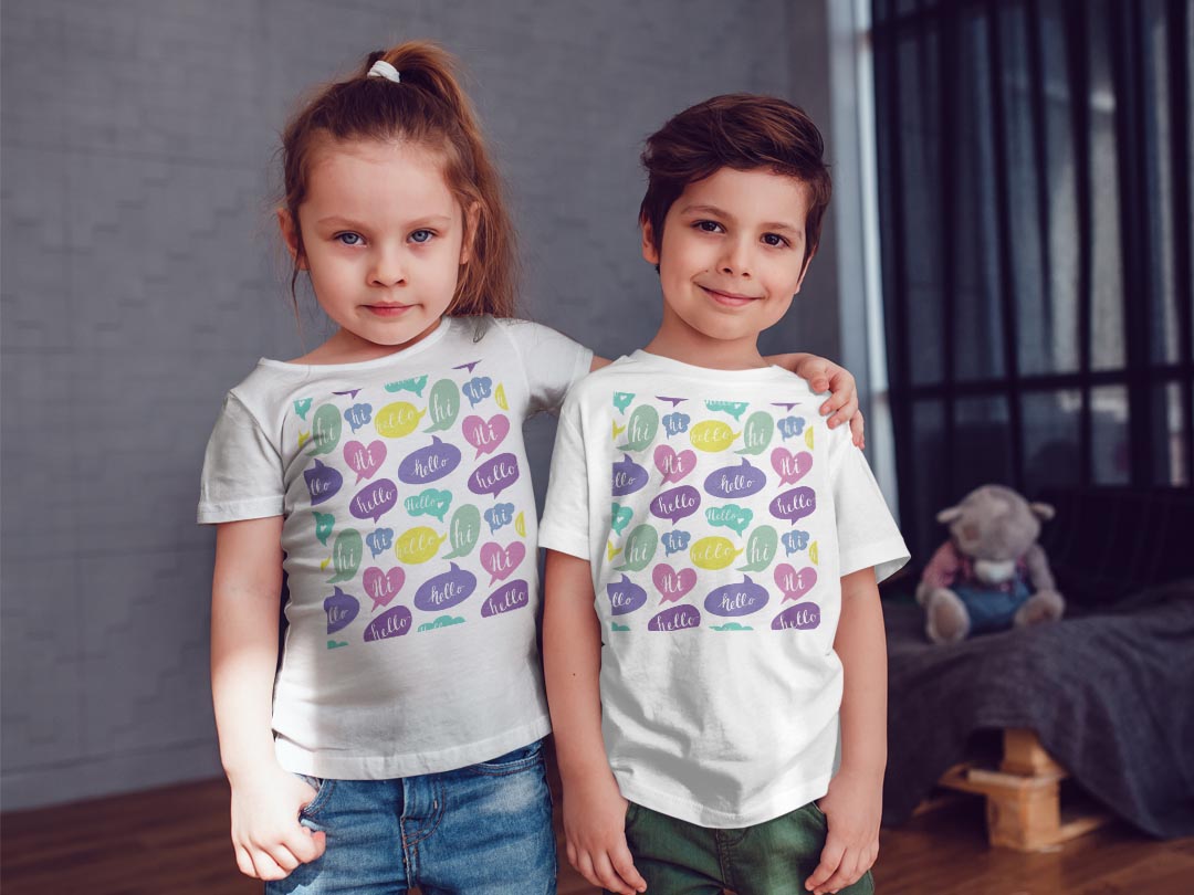 tシャツ キッズ 半袖 白地 デザイン 90 100 110 120 130 140 150 Tシャツ ティーシャツ T shirt 011395 英語　あいさつ　パステル 2