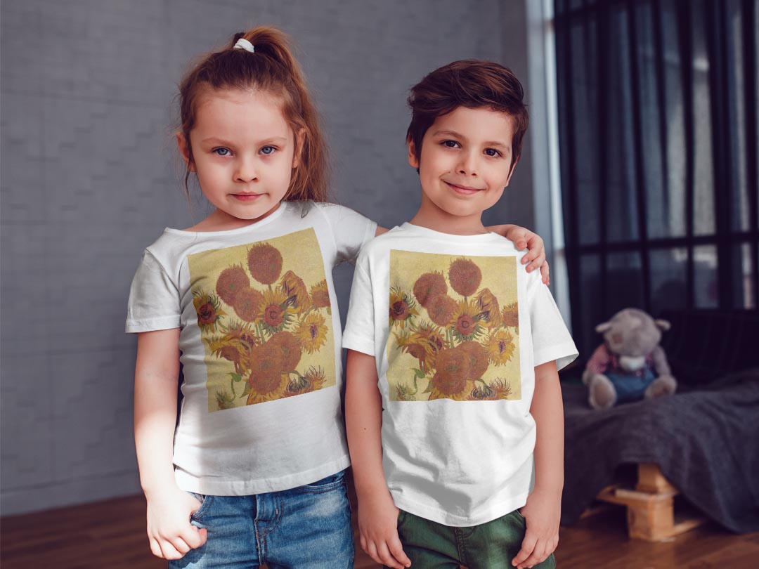 tシャツ キッズ 半袖 白地 デザイン 120 サイズ Tシャツ ティーシャツ T shirt 011466 ゴッホ　ひまわり　絵画