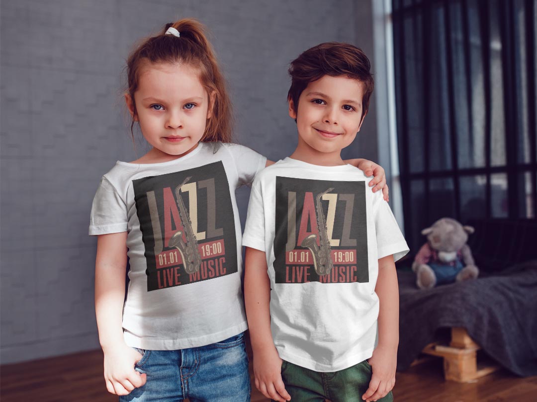 tシャツ キッズ 半袖 白地 デザイン 110 サイズ Tシャツ ティーシャツ T shirt 011649 音楽　ジャズ　英語