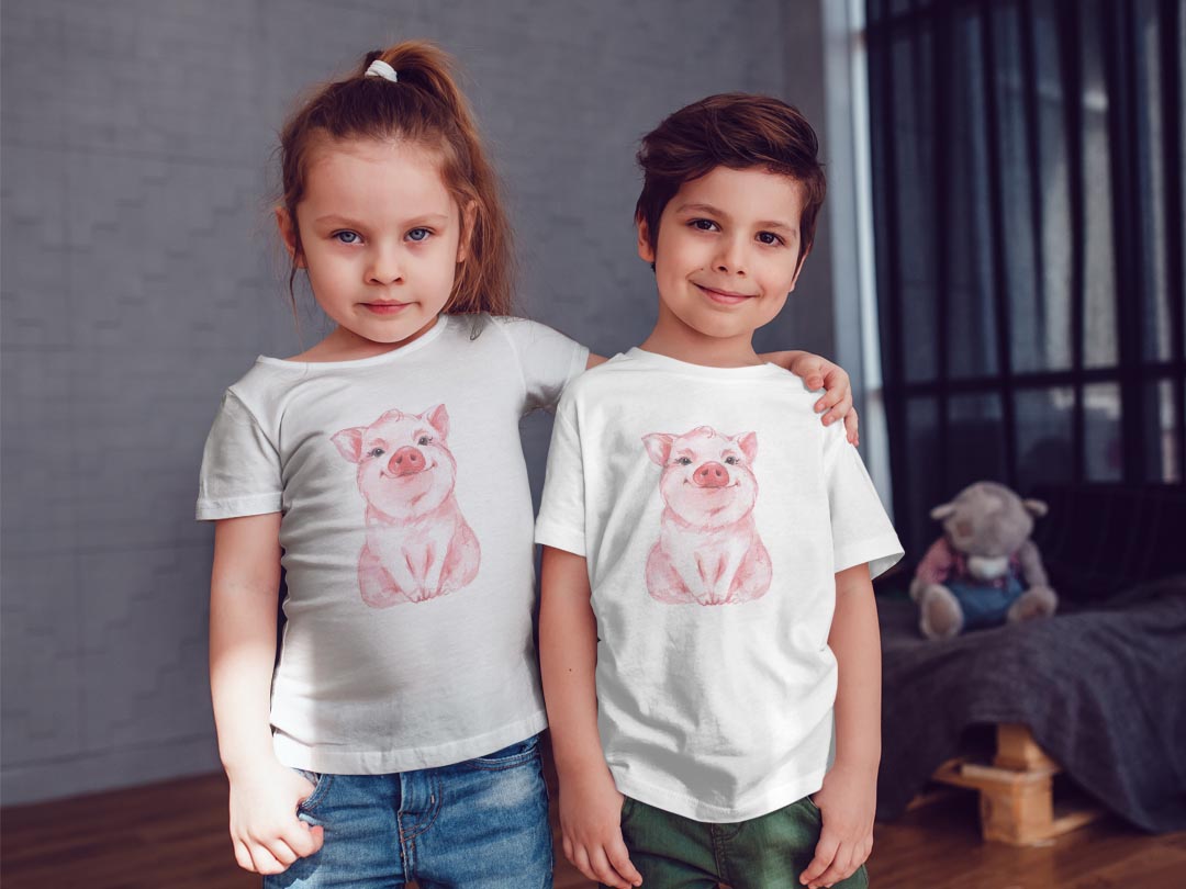tシャツ キッズ 半袖 白地 デザイン 90 100 110 120 130 140 150 Tシャツ ティーシャツ T shirt 013412 豚　動物　イラスト