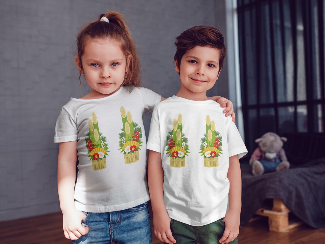 tシャツ キッズ 半袖 白地 デザイン 130 サイズ Tシャツ ティーシャツ T shirt 013570 お正月　門松　椿