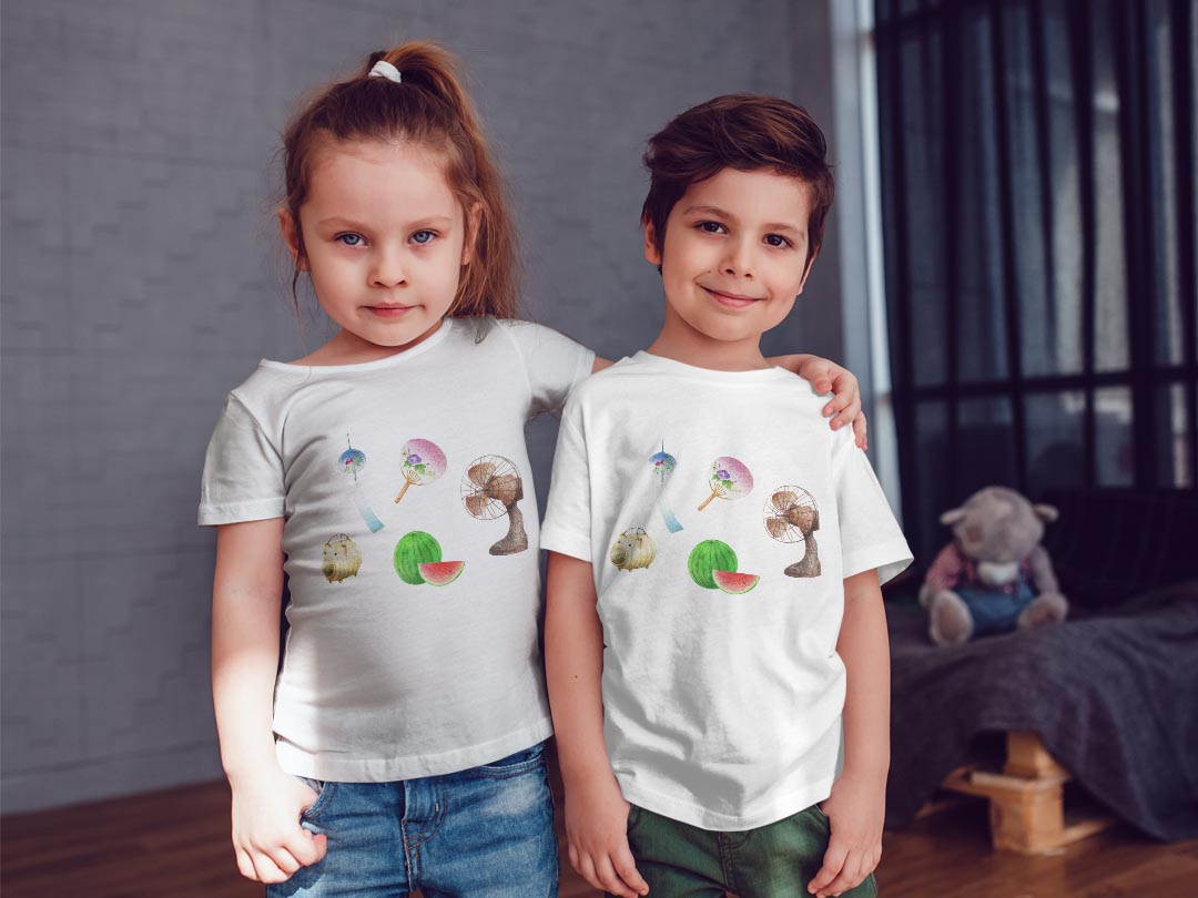 tシャツ キッズ 半袖 白地 デザイン 130 サイズ Tシャツ ティーシャツ T shirt 015546 夏　扇風機　スイカ　うちわ