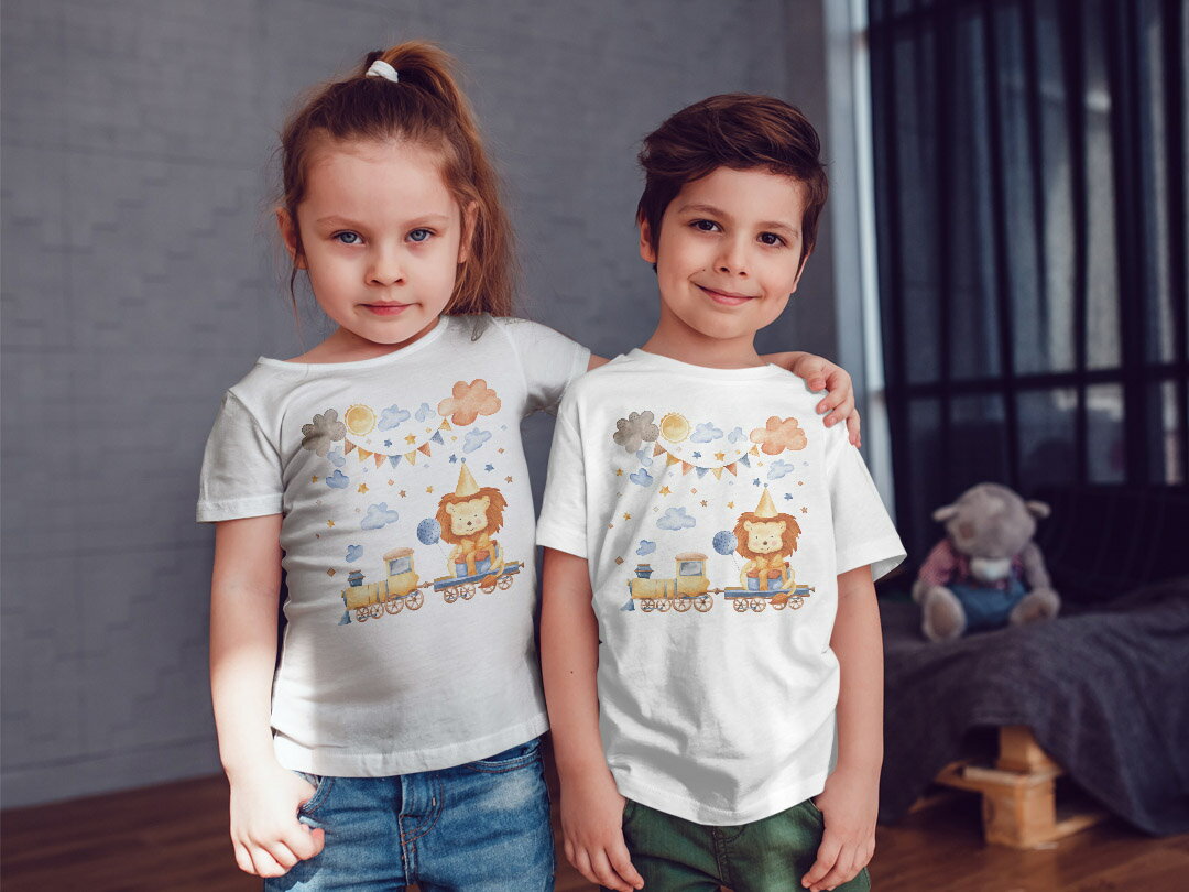 tシャツ キッズ 半袖 白地 デザイン 100 サイズ Tシャツ ティーシャツ T shirt 017517 電車　ライオン　空　かわいい