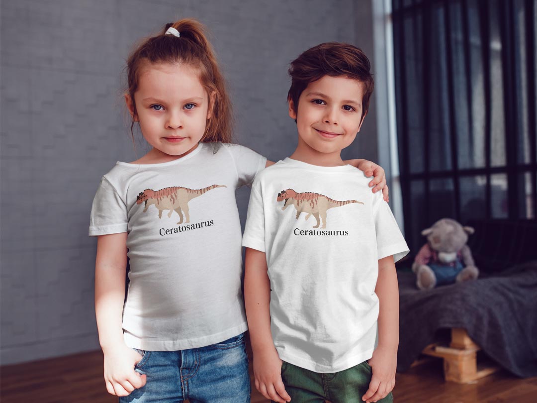 tシャツ キッズ 半袖 白地 デザイン 140 サイズ Tシャツ ティーシャツ T shirt 019773 恐竜 Ceratosaurus ケラトサウルス
