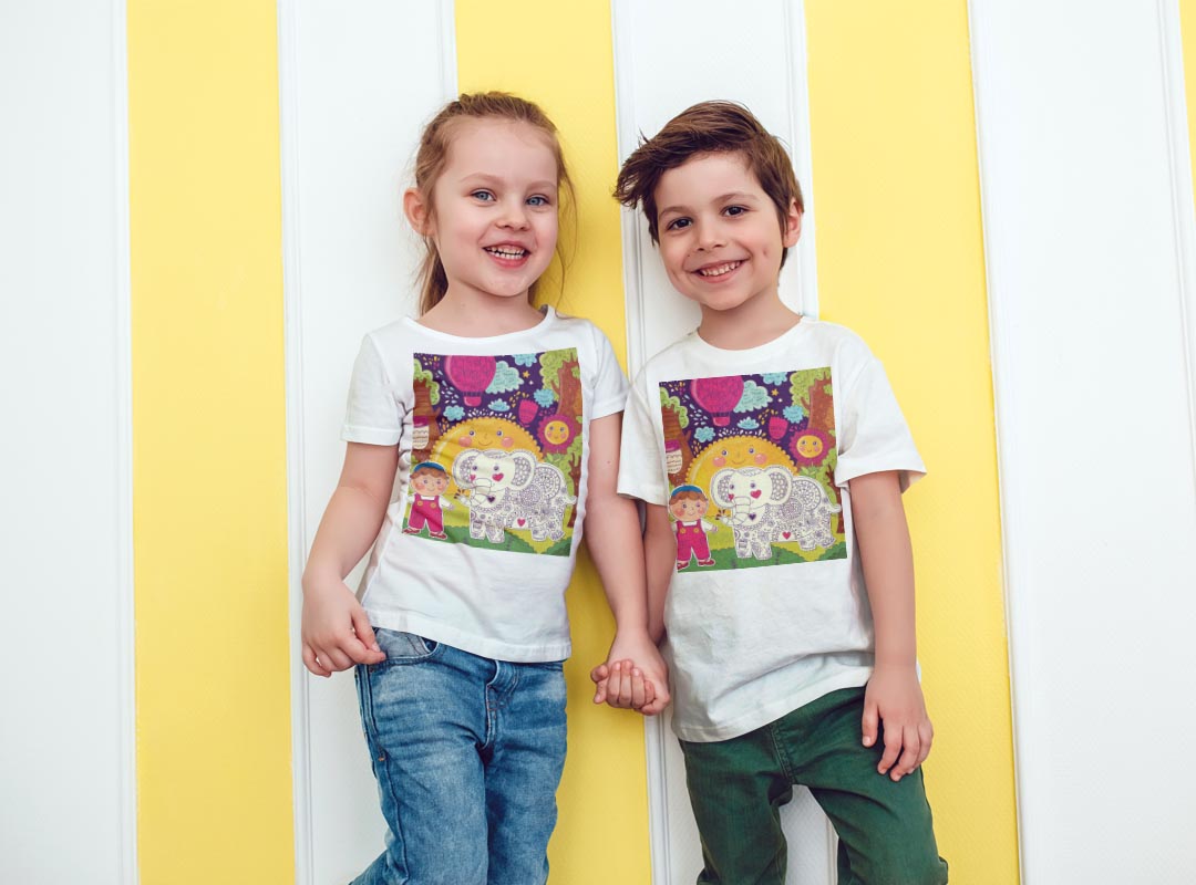 tシャツ キッズ 半袖 白地 デザイン 130 サイズ Tシャツ ティーシャツ T shirt 005334 イラスト　太陽　ぞう　花