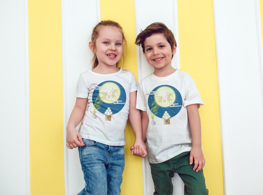 tシャツ キッズ 半袖 白地 デザイン 120 サイズ Tシャツ ティーシャツ T shirt 015859 お月見　うさぎ　秋