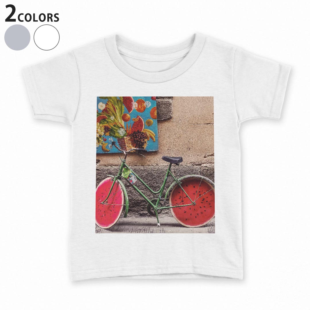 tシャツ キッズ 半袖 白地 子供服 tシャツ デザイン 90 100 110 120 130 140 150 Tシャツ ティーシャツ T shirt 023028 スイカ　写真　自転車