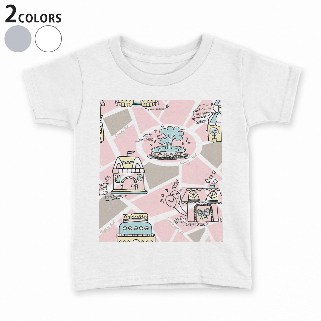 tシャツ キッズ 半袖 白地 デザイン 110 120 130 140 150 Tシャツ ティーシャツ T shirt 005709 イラスト　家　地図