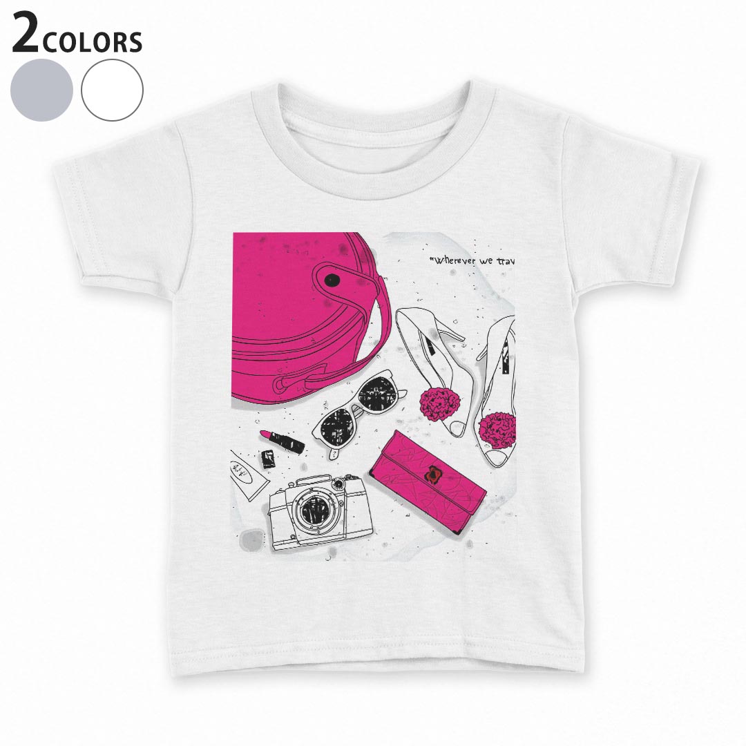 tシャツ キッズ 半袖 白地 デザイン 90 100 110 120 130 140 150 Tシャツ ティーシャツ T shirt 006112 イラスト　旅行　カメラ