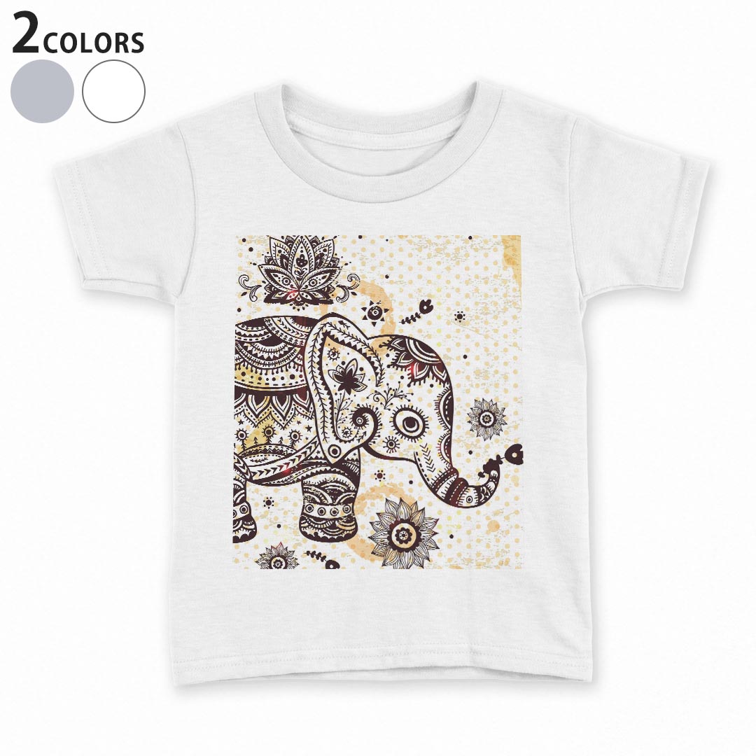 tシャツ キッズ 半袖 白地 デザイン 110 120 130 140 150 Tシャツ ティーシャツ T shirt 006120 象　文様　イラスト