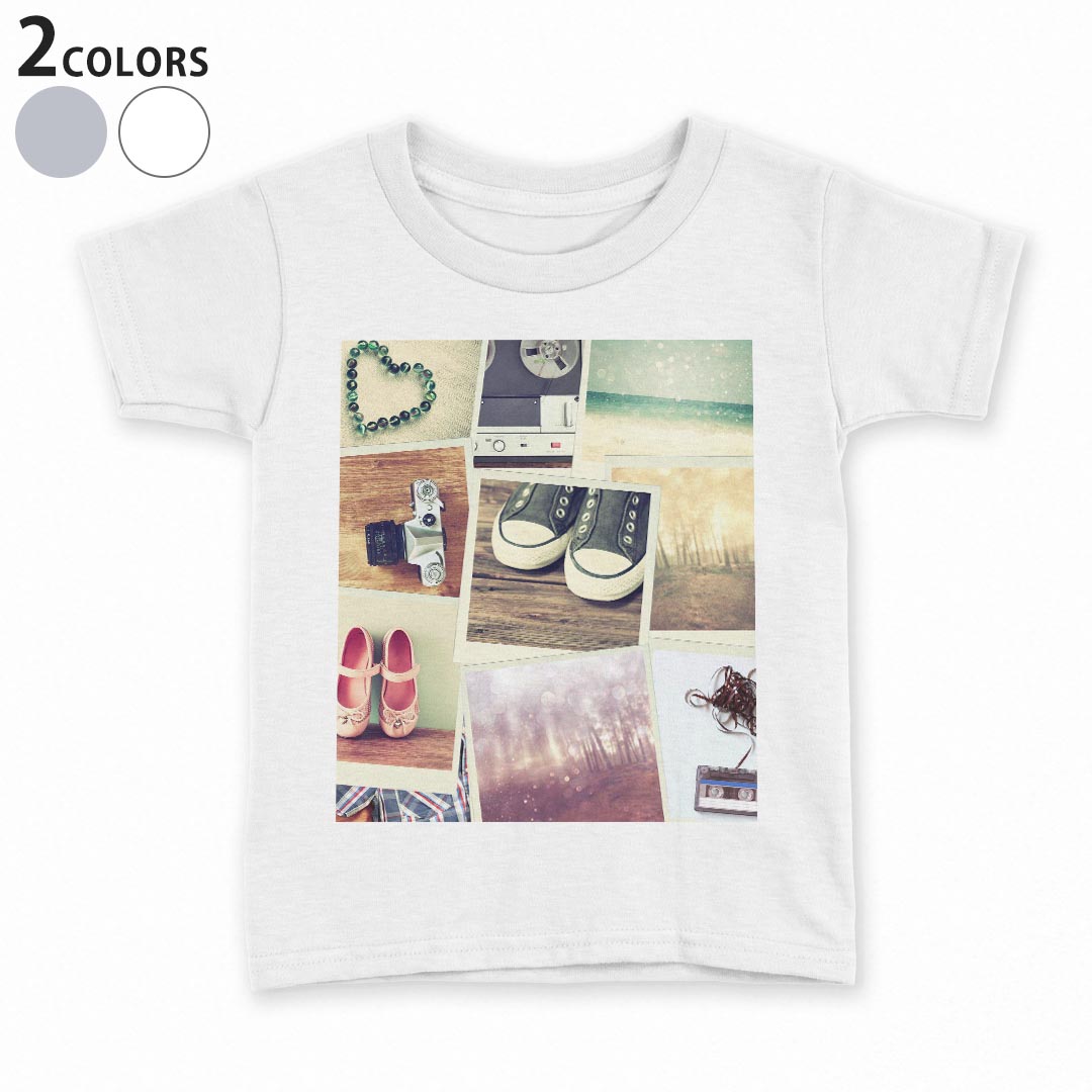 tシャツ キッズ 半袖 白地 デザイン 90 100 110 120 130 140 150 Tシャツ ティーシャツ T shirt 007465 写真　靴　カメラ　ハート