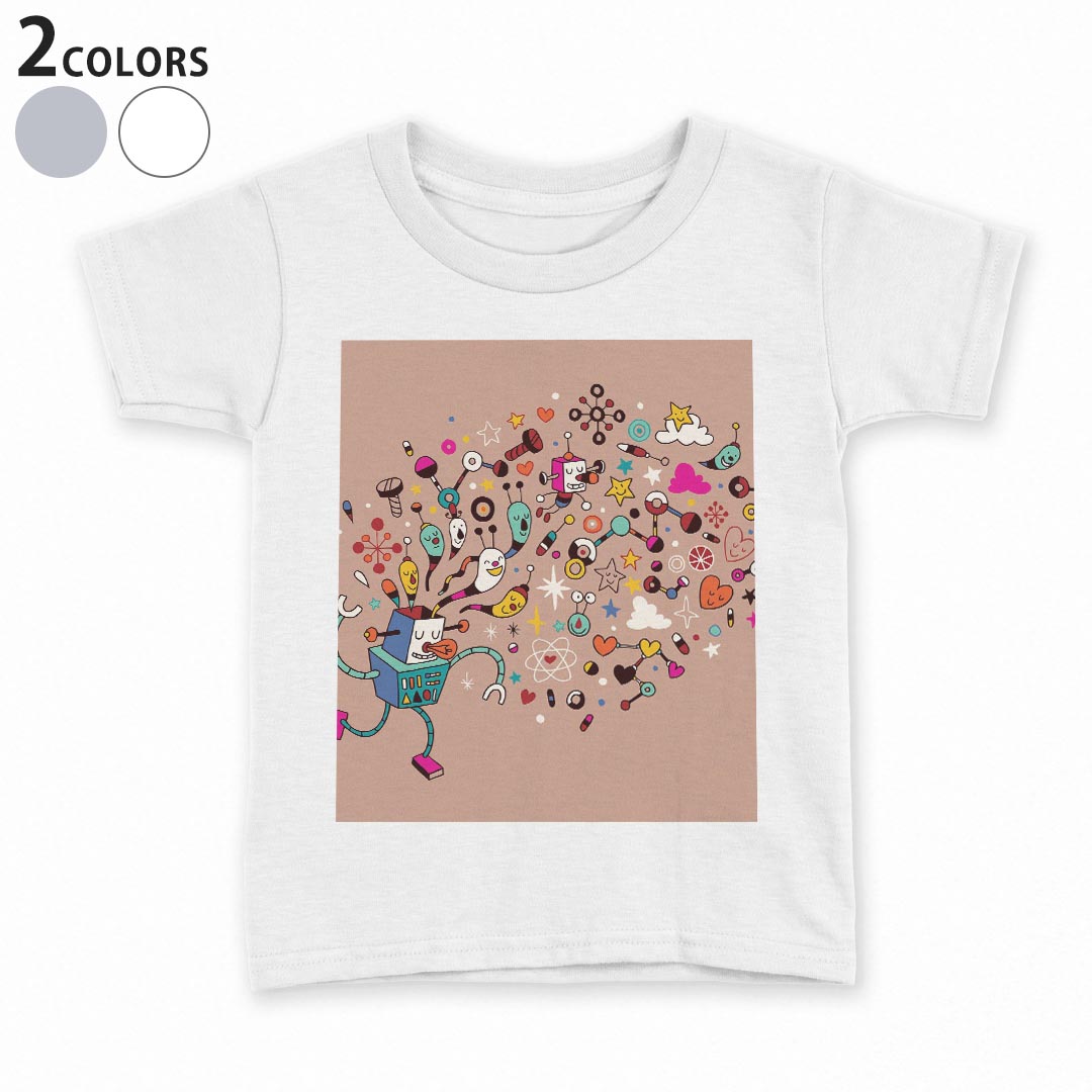 tシャツ キッズ 半袖 白地 デザイン 90 100 110 120 130 140 150 Tシャツ ティーシャツ T shirt 008079 ロボット　イラスト　キャラクター　カラフル