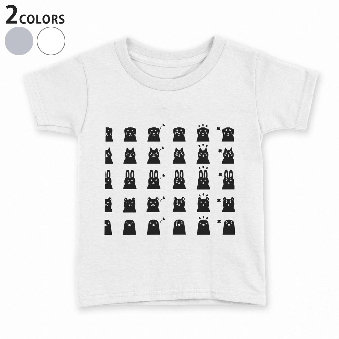 T-Shirts （Half Sleeves） - tシャツ キッズ 半袖 白地 デザイン 90 100 110 120 130 140 150 Tシャツ ティーシャツ T shirt 008089 白黒　動物　犬　猫　兎　アイコン