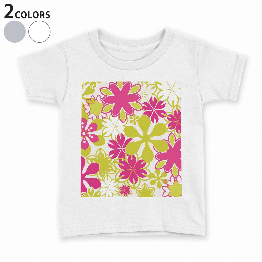 T-Shirts （Short Sleeve） - tシャツ キッズ 半袖 白地 デザイン 90 100 110 120 130 140 150 Tシャツ ティーシャツ T shirt 008168 花　フラワー　ピンク　黄緑　模様