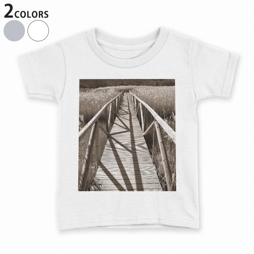 tシャツ キッズ 半袖 白地 デザイン 90 100 110 120 130 140 150 Tシャツ ティーシャツ T shirt 008207 写真　セピア　橋　川