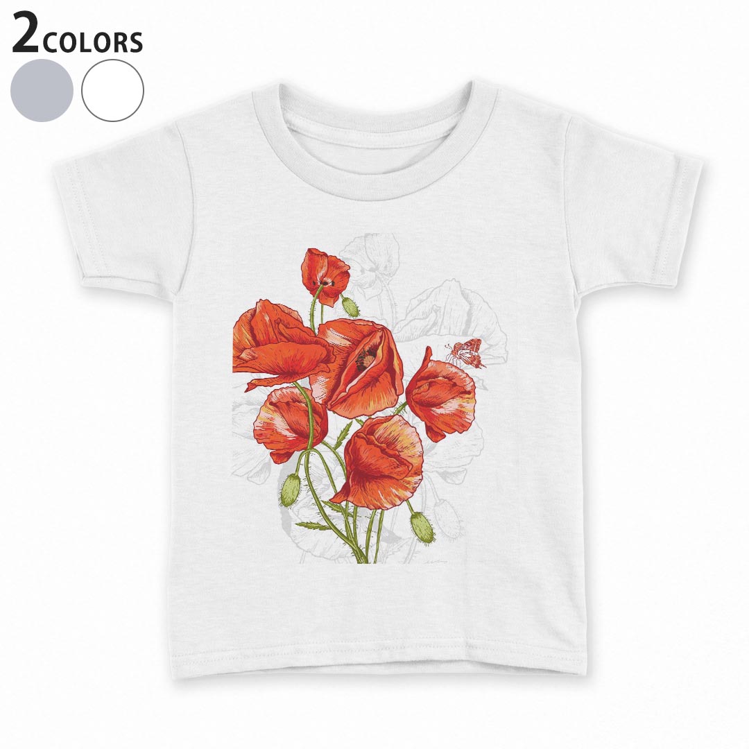 tシャツ キッズ 半袖 白地 デザイン 90 100 110 120 130 140 150 Tシャツ ティーシャツ T shirt 008353 花　フラワー　赤　レッド　イラスト