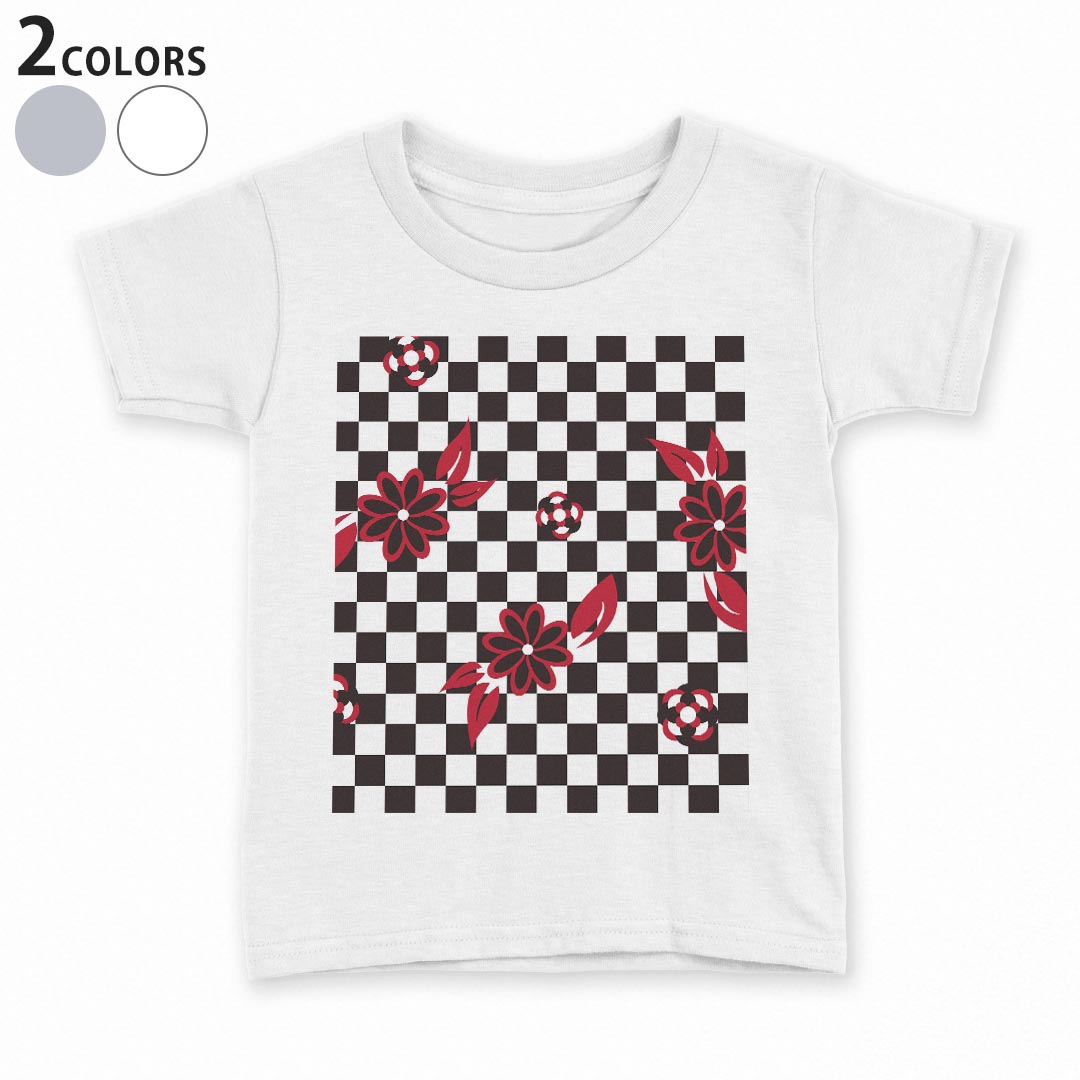 Other - tシャツ キッズ 半袖 白地 デザイン 90 100 110 120 130 140 150 Tシャツ ティーシャツ T shirt 008442 花　フラワー　赤　レッド　市松模様