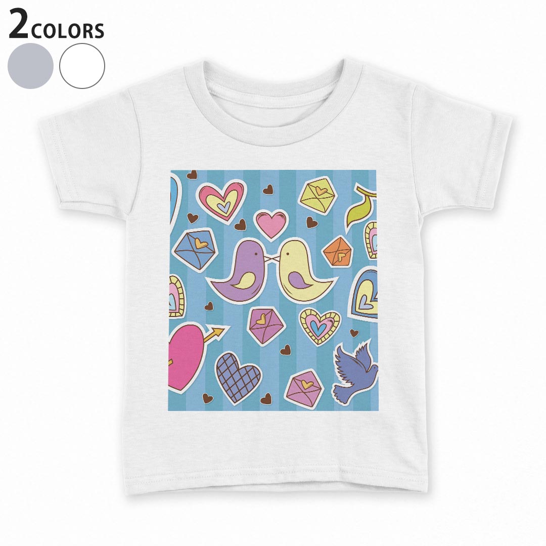 tシャツ キッズ 半袖 白地 デザイン 90 100 110 120 130 140 150 Tシャツ ティーシャツ T shirt 008732 ハート　イラスト　鳥　水色(4.0)