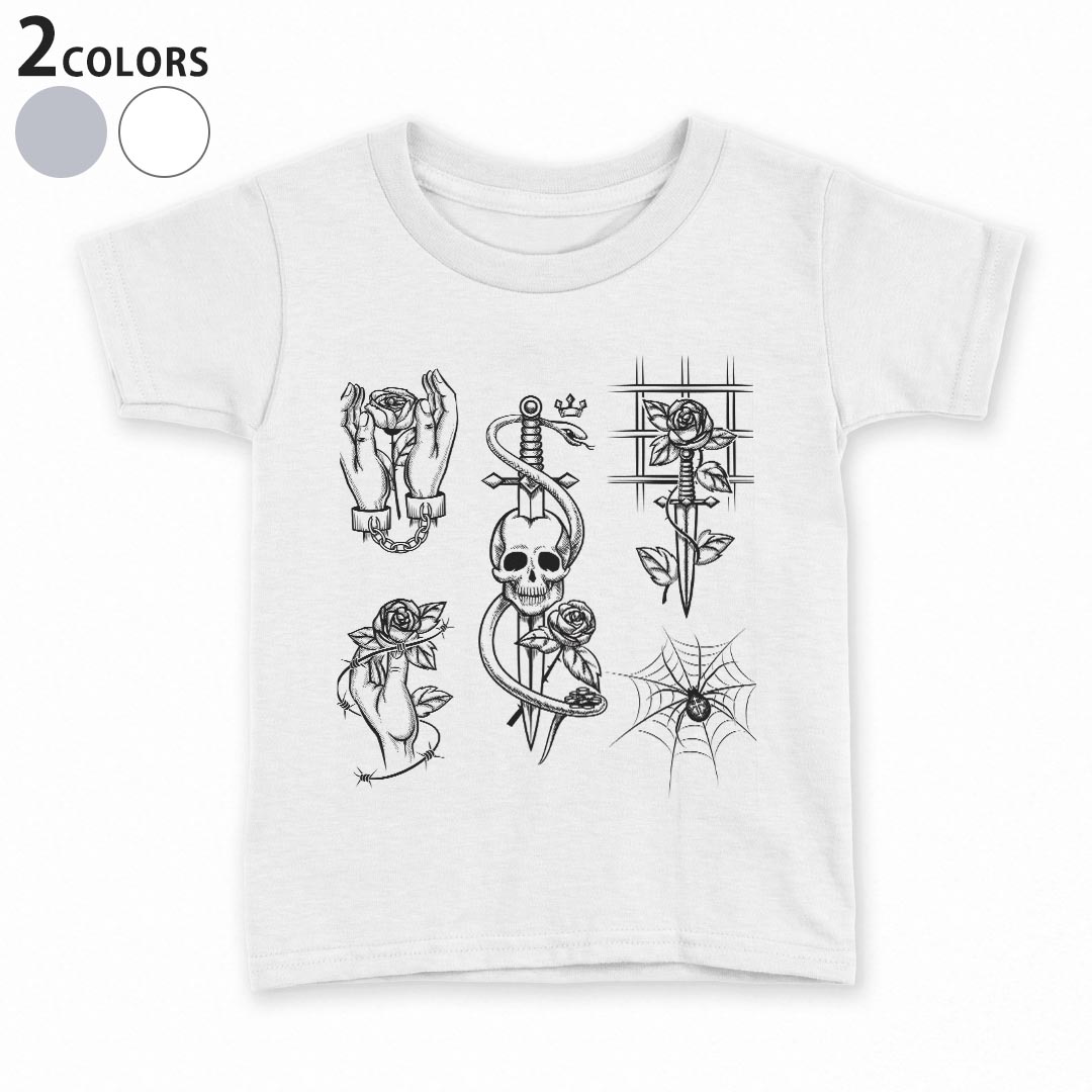 tシャツ キッズ 半袖 白地 デザイン 90 100 110 120 130 140 150 Tシャツ ティーシャツ T shirt 009668 バラ ドクロ アンティーク