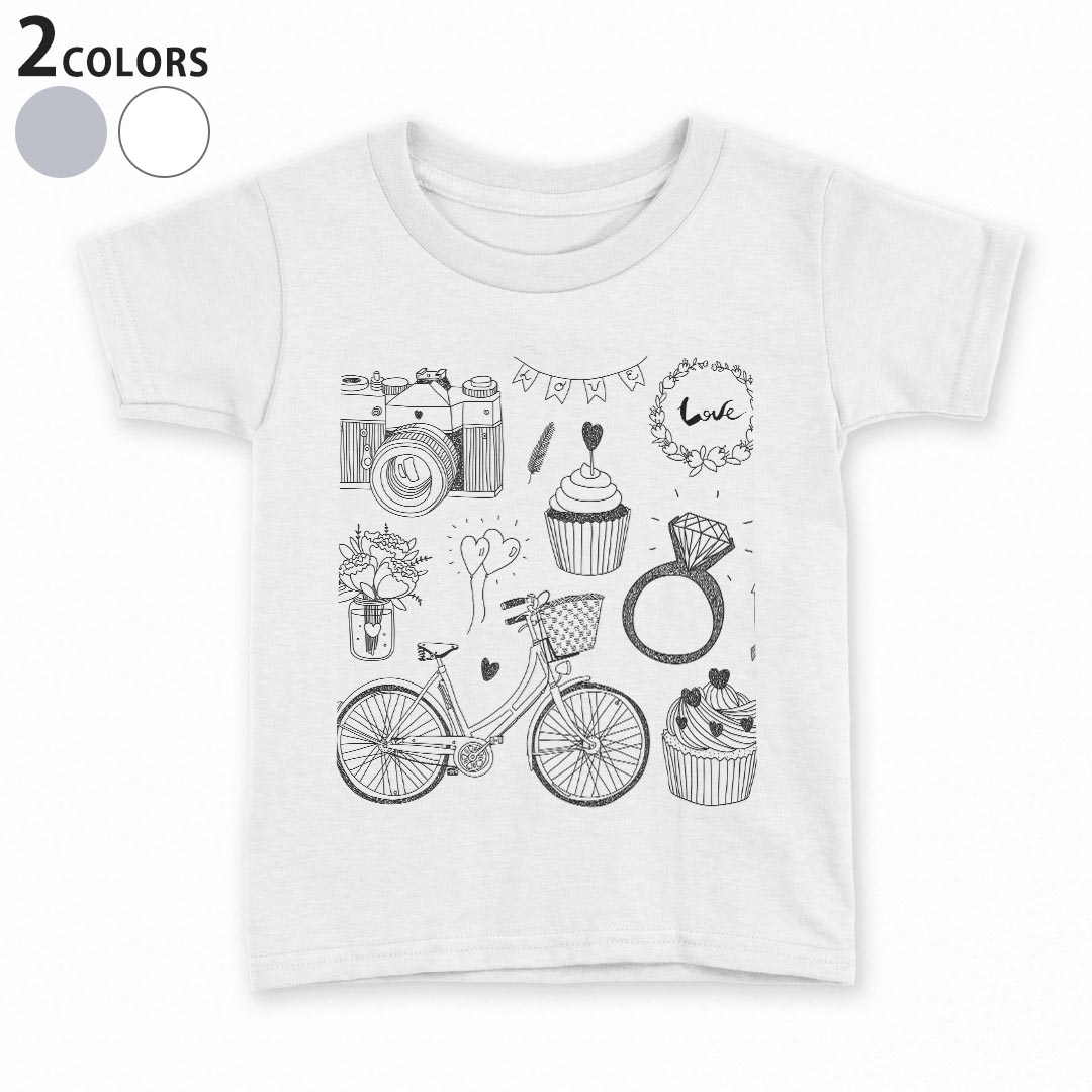 tシャツ キッズ 半袖 白地 デザイン 90 100 110 120 130 140 150 Tシャツ ティーシャツ T shirt 010178 フラワー　LOVE　カメラ
