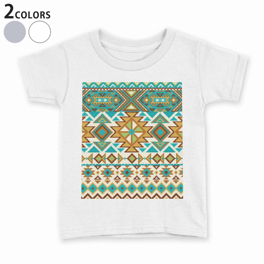 tシャツ キッズ 半袖 白地 デザイン 90 100 110 120 130 140 150 Tシャツ ティーシャツ T shirt 010734 ネイティブ柄　緑　青