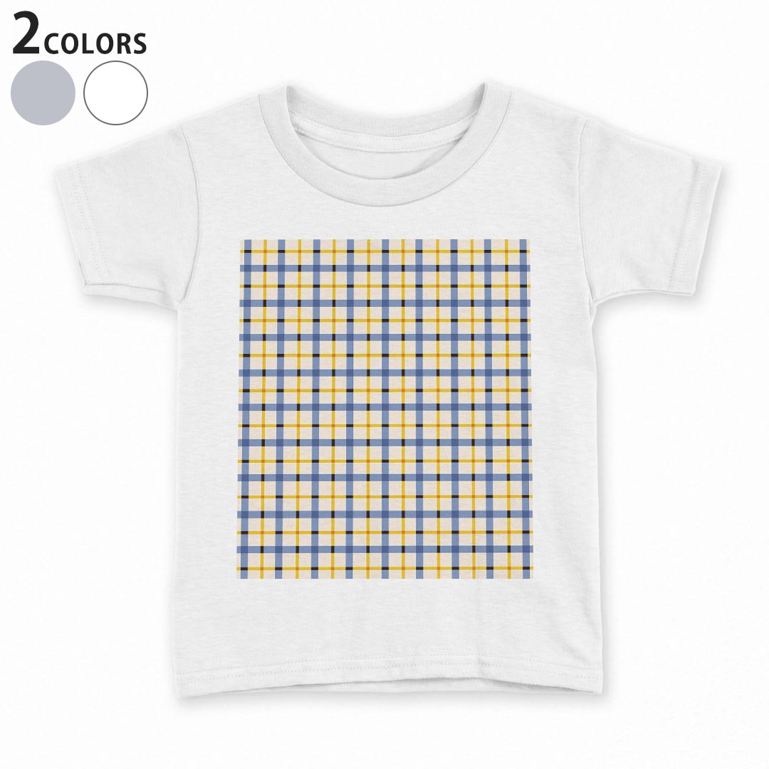 tシャツ キッズ 半袖 白地 デザイン 90 100 110 120 130 140 150 Tシャツ ティーシャツ T shirt 012399 チェック　青　黄色