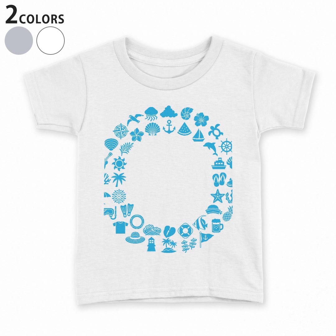 tシャツ キッズ 半袖 白地 デザイン 90 100 110 120 130 140 150 Tシャツ ティーシャツ T shirt 013902 海　碇マーク　ハイビスカス