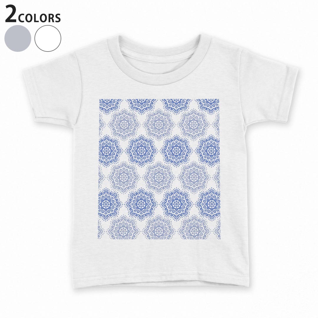 tシャツ キッズ 半袖 白地 デザイン 110 120 130 140 150 Tシャツ ティーシャツ T shirt 013969 エレガント　模様　青