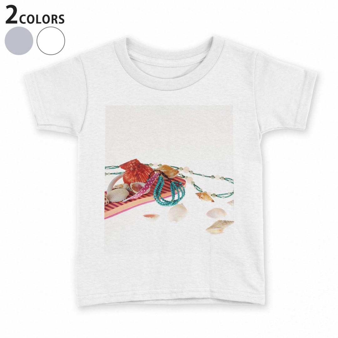 tシャツ キッズ 半袖 白地 デザイン 90 100 110 120 130 140 150 Tシャツ ティーシャツ T shirt 014280 夏　貝殻　サンダル