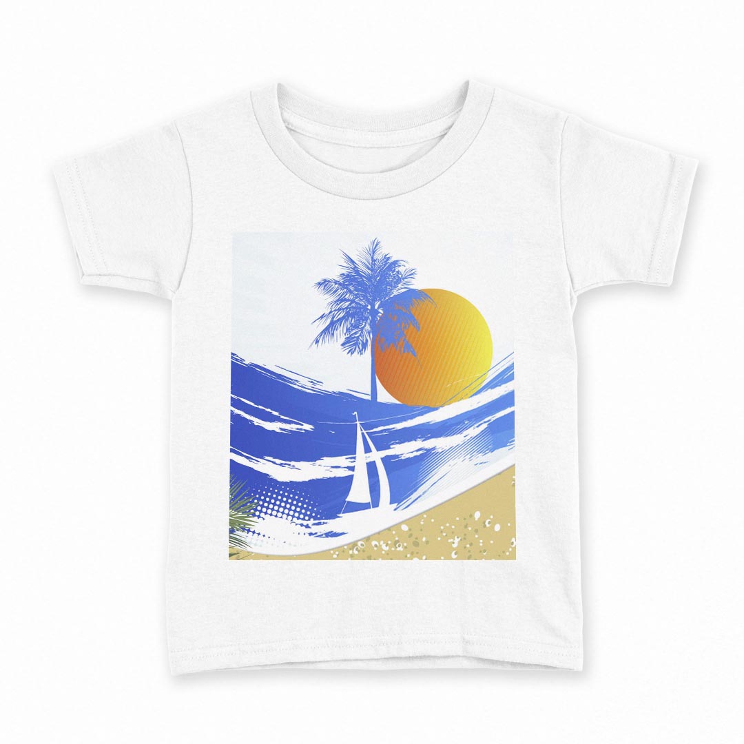tシャツ キッズ 半袖 白地 デザイン 130 サイズ Tシャツ ティーシャツ T shirt 001408 海 太陽 ヤシの木 ヨット