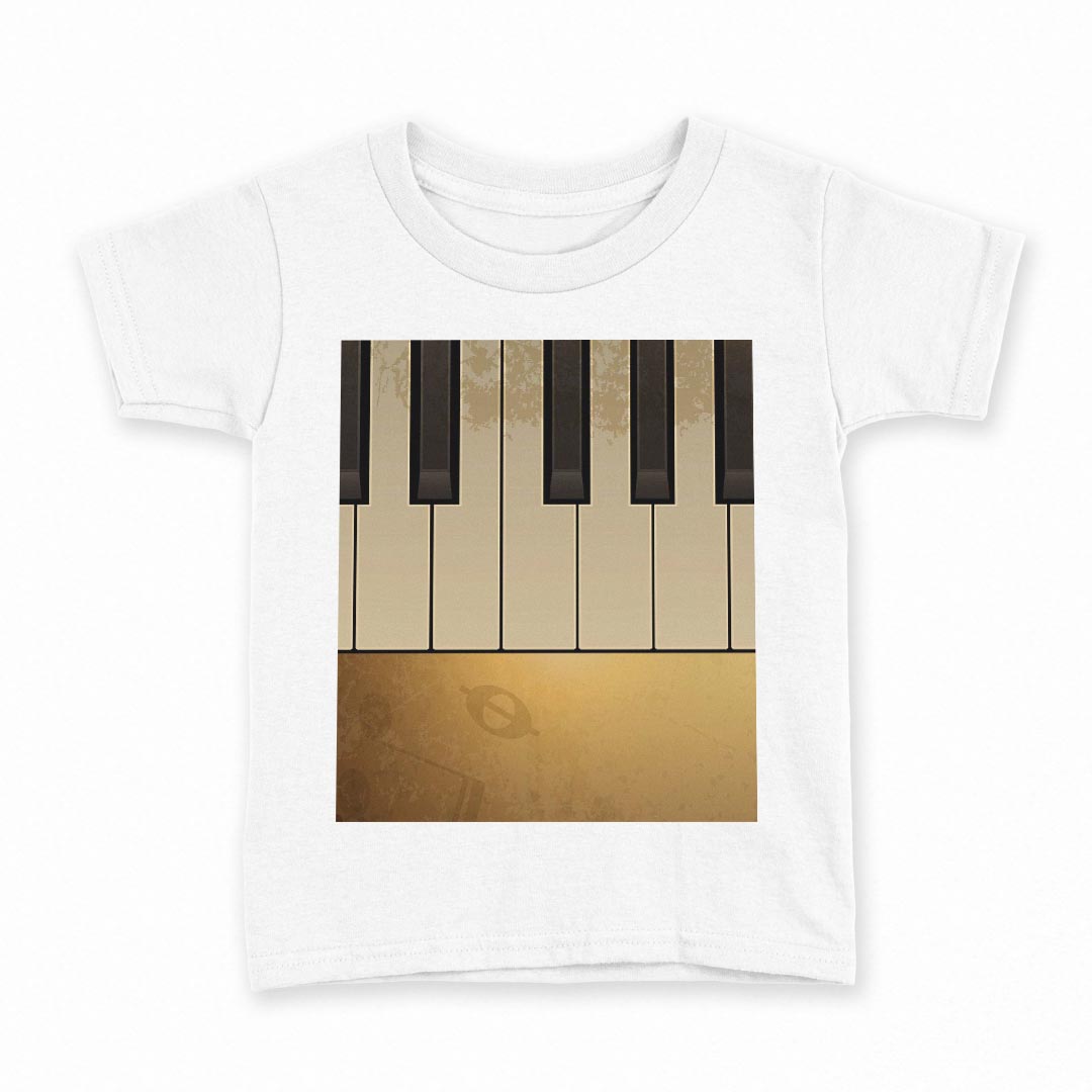 tシャツ キッズ 半袖 白地 デザイン 110 サイズ Tシャツ ティーシャツ T shirt 002549 ピアノ　音楽　ゴールド