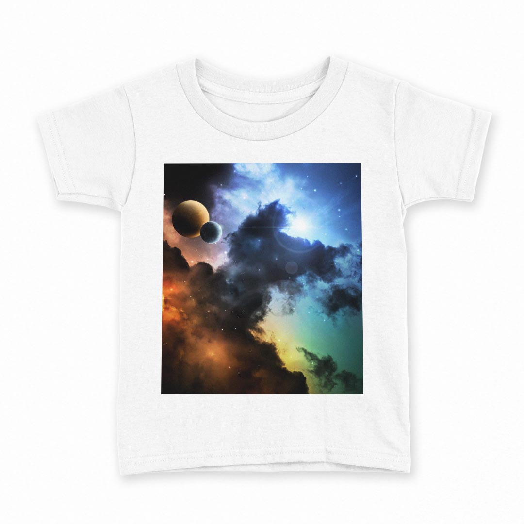 tシャツ キッズ 半袖 白地 デザイン 130 サイズ Tシャツ ティーシャツ T shirt 003445 宇宙　空　カラフル