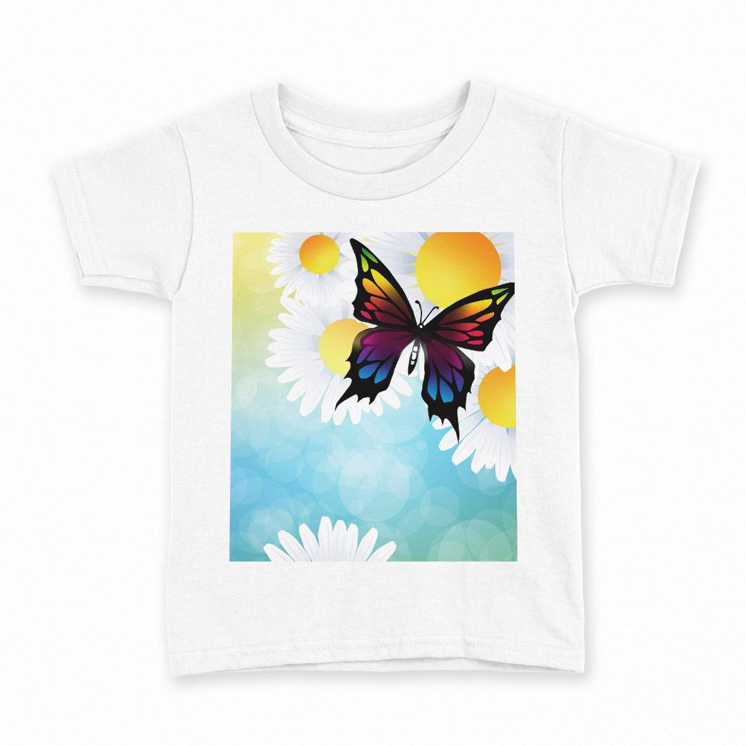 tシャツ キッズ 半袖 白地 デザイン 140 サイズ Tシャツ ティーシャツ T shirt 003644 蝶　花　カラフル
