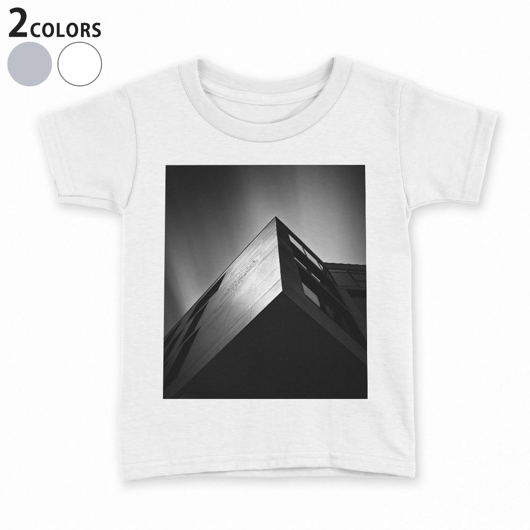 tシャツ キッズ 半袖 白地 デザイン 110 サイズ Tシャツ ティーシャツ T shirt 023027 モノクロ　建築物