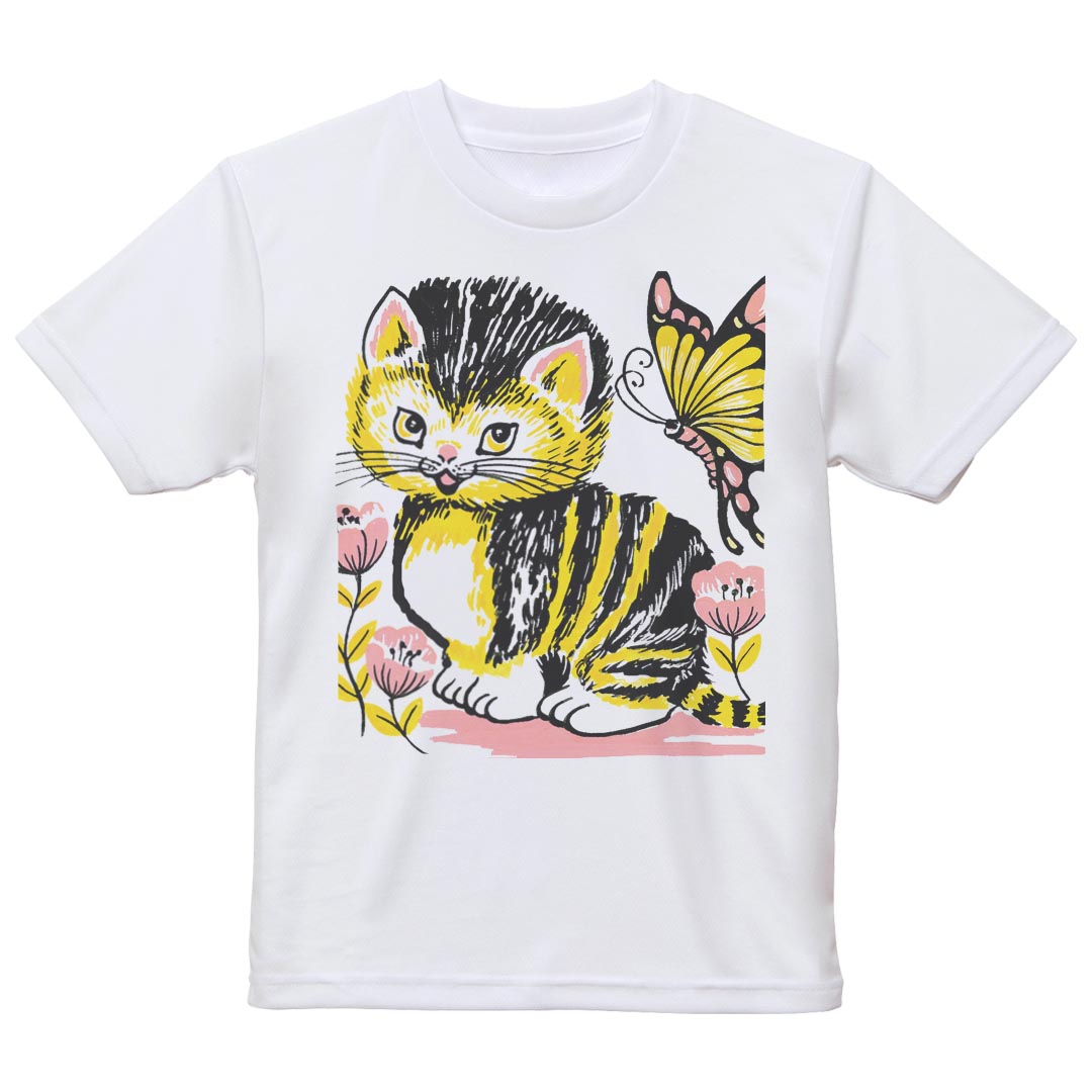 tシャツ キッズ 半袖 白地 デザイン 110 サイズ Tシャツ ティーシャツ T shirt 026170 動物　ネコ　猫　蝶々　花