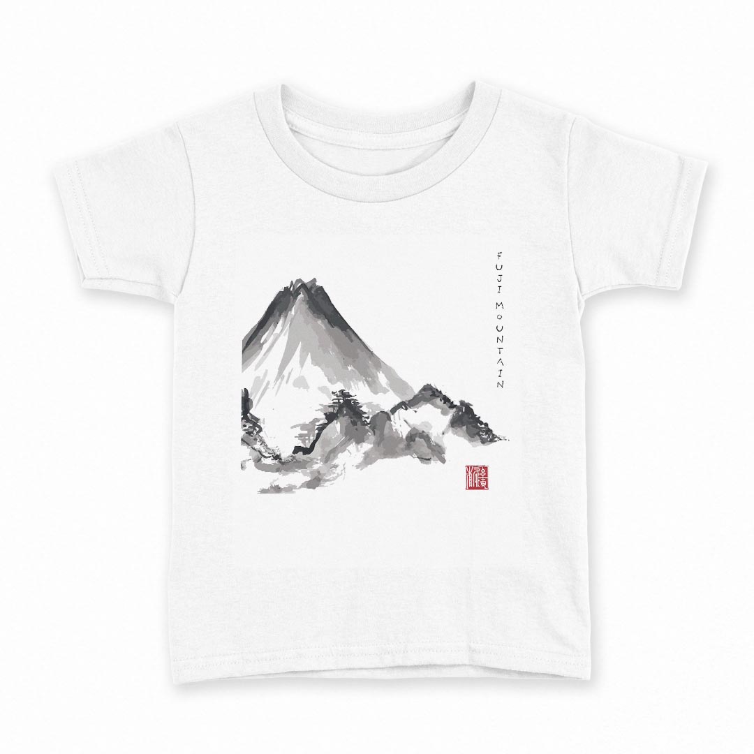 tシャツ キッズ 半袖 白地 デザイン 100 サイズ Tシャツ ティーシャツ T shirt 032057 水墨画 山 日本