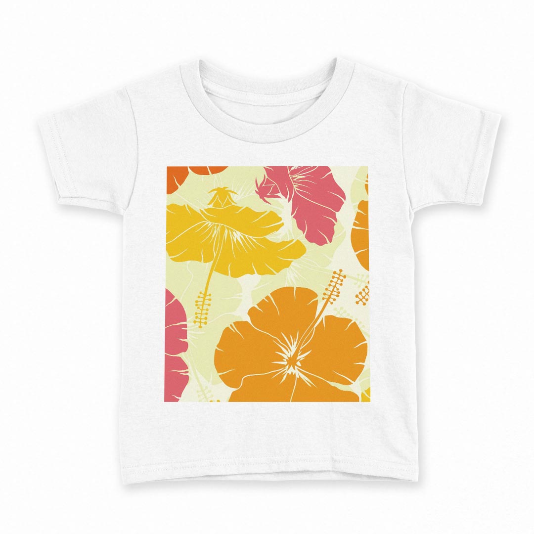 tシャツ キッズ 半袖 白地 デザイン 120 サイズ Tシャツ ティーシャツ T shirt 004215 花 ハイビスカス オレンジ