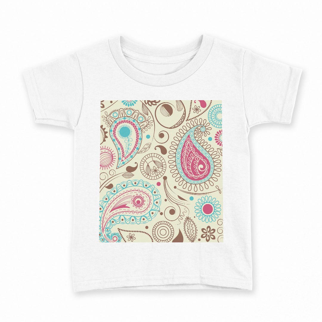 tシャツ キッズ 半袖 白地 デザイン 140 サイズ Tシャツ ティーシャツ T shirt 005086 ペイズリー　イラスト　ブラウン