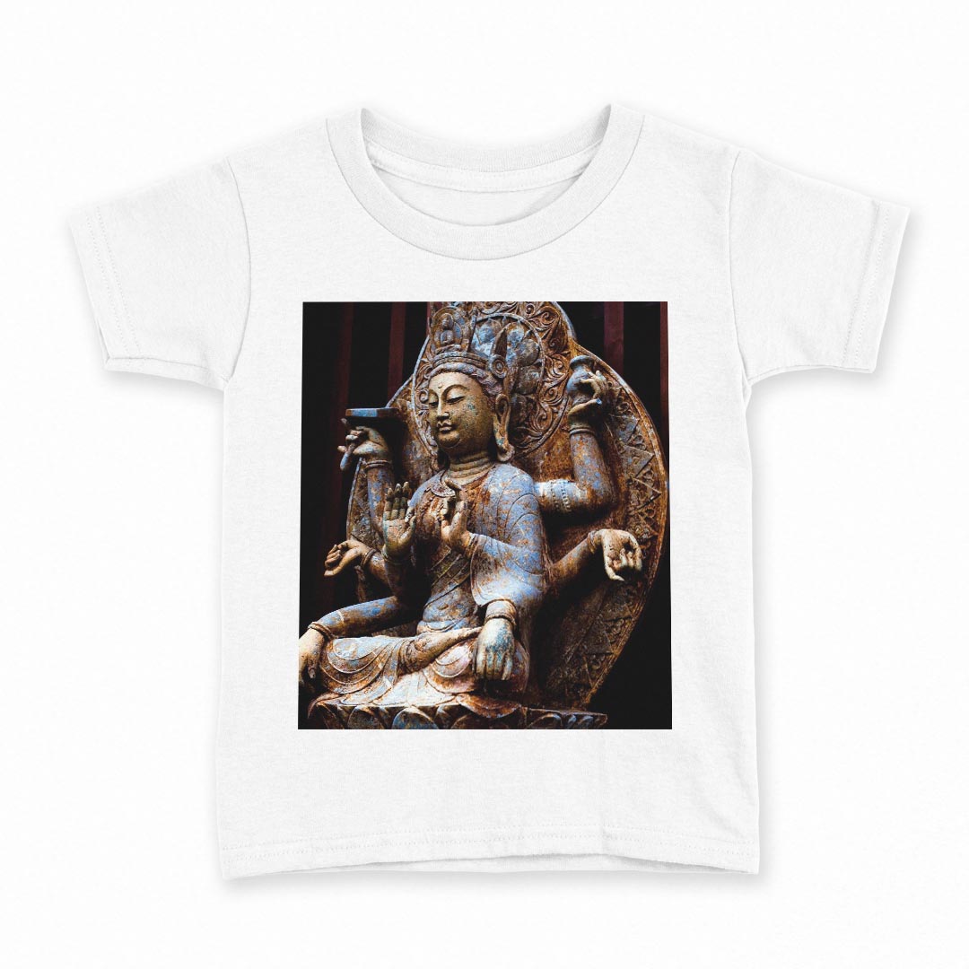 tシャツ キッズ 半袖 白地 デザイン 110 サイズ Tシャツ ティーシャツ T shirt 005093 仏像　写真　黒