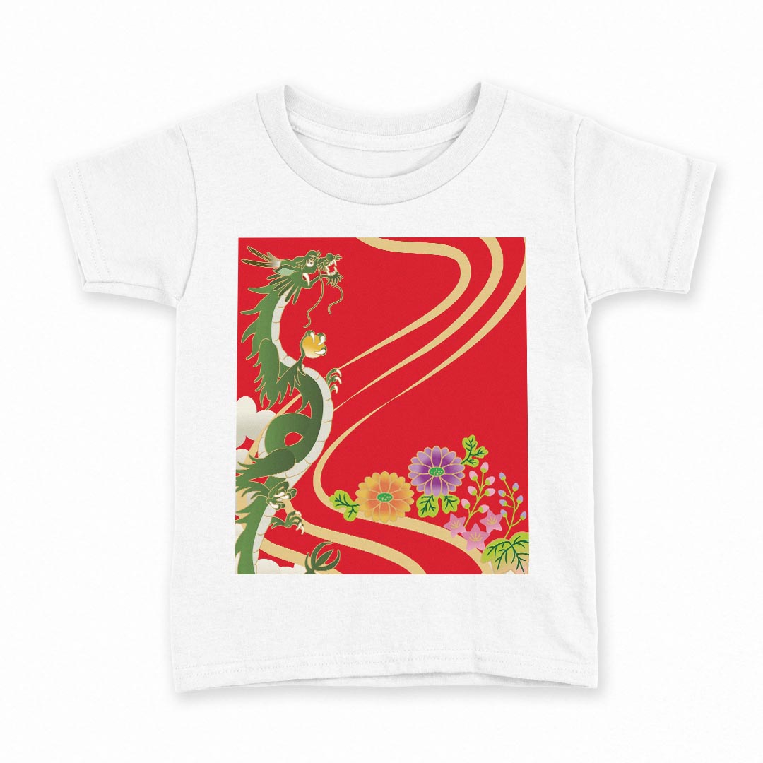 tシャツ キッズ 半袖 白地 デザイン 90 Tシャツ ティーシャツ T shirt 005094 和柄 龍 花 赤