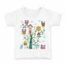 tシャツ キッズ 半袖 白地 デザイン 100 サイズ Tシャツ ティーシャツ T shirt 005275 フクロウ 家 イラスト(4)