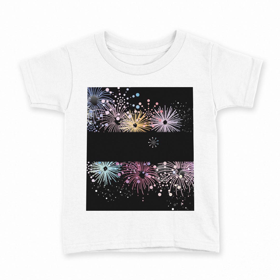tシャツ キッズ 半袖 白地 デザイン 130 サイズ Tシャツ ティーシャツ T shirt 005387 カラフル　花火　黒