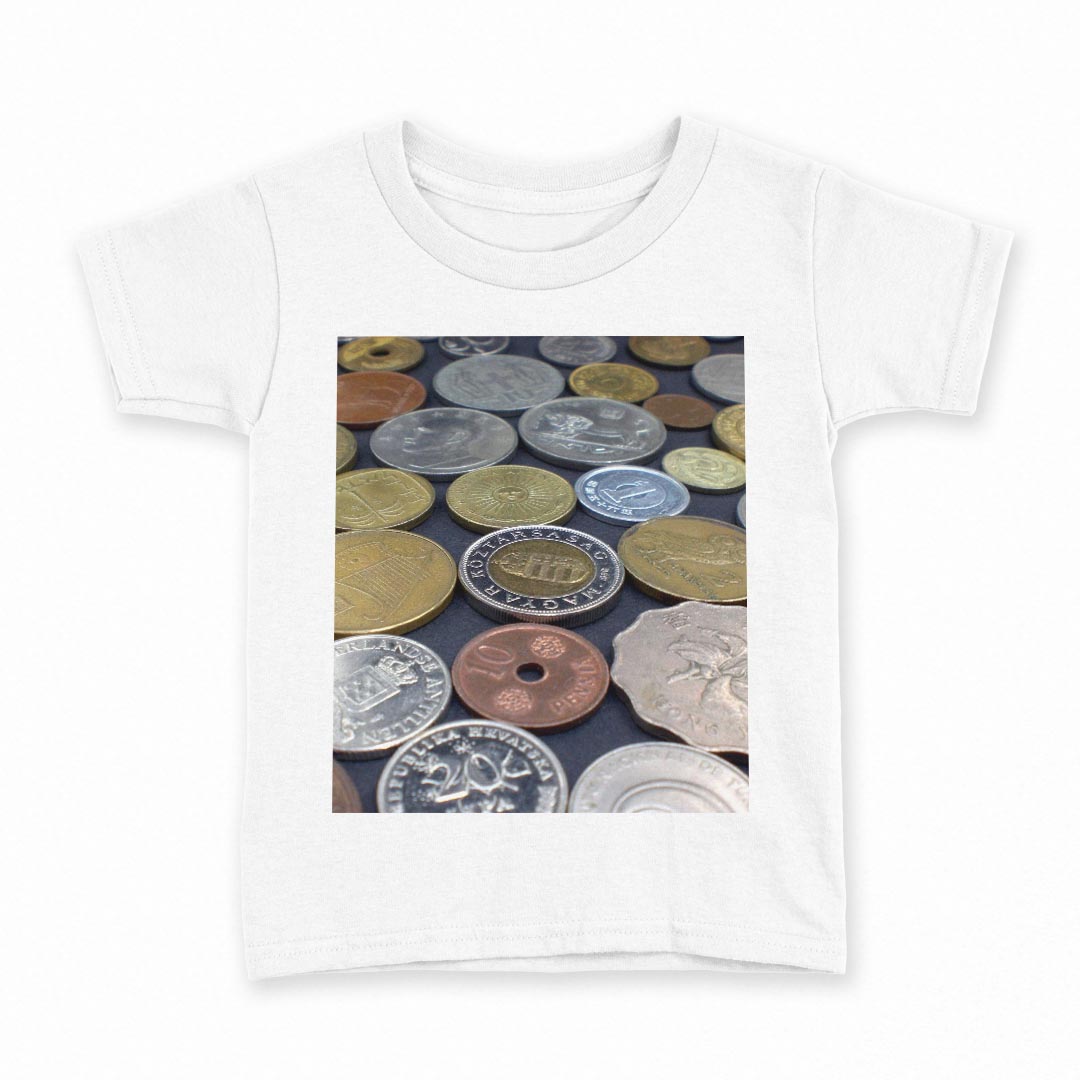 tシャツ キッズ 半袖 白地 デザイン 140 サイズ Tシャツ ティーシャツ T shirt 005825 写真　お金　コイン