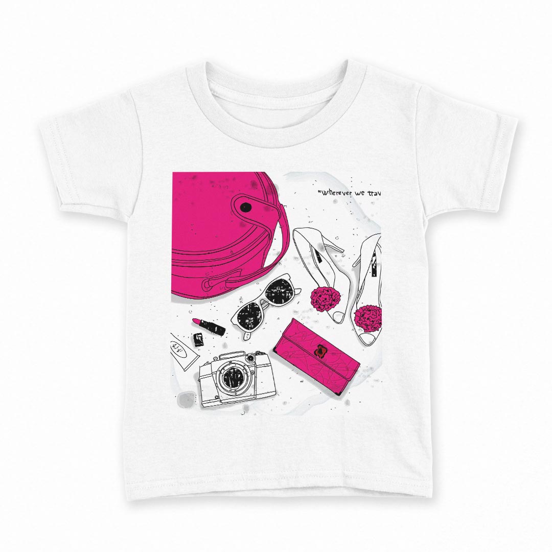 tシャツ キッズ 半袖 白地 デザイン 150 サイズ Tシャツ ティーシャツ T shirt 006112 イラスト　旅行　カメラ